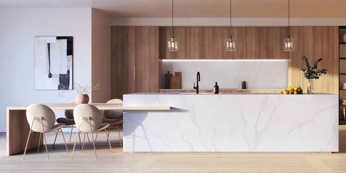 Odina_Kitchen_HQ.max-1300x600.format-webp 3d rendering, White granite kitchen countertop for montage your product over modern Scandinavian kitchen background. 3d illustration